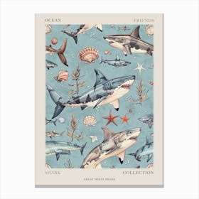 Pastel Blue Great White Shark Watercolour Seascape 3 Poster Canvas Print