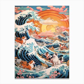 The Great Wave Off Kanagawa With Puppies Kitsch Canvas Print