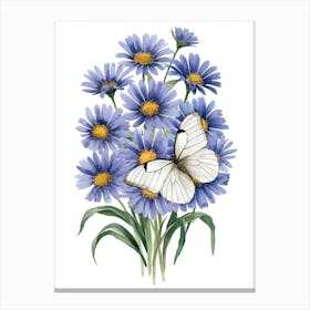 Blue Daisies With Butterfly Canvas Print