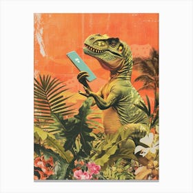 Dinosaur Holding A Smart Phone Retro Collage Canvas Print