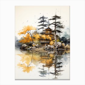 Kinkaku Ji (Golden Pavilion) In Kyoto, Japanese Brush Painting, Ukiyo E, Minimal 4 Canvas Print