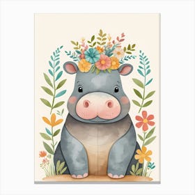 Floral Baby Hippo Nursery Illustration (27) Canvas Print