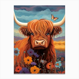 Digital Portrait Of Highland Cow & Butterflies 2 Canvas Print