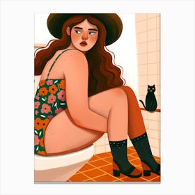 Woman Girl on Toilet, Flower Bathsuit, Black Cat, Hat, Boots, Heels Canvas Print