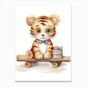 Baby Tiger On A Toy Car, Watercolour Nursery 7 Canvas Print