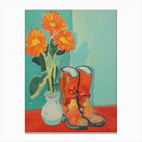 Painting Of Flowers And Cowboy Boots, Oil Style 1 Canvas Print