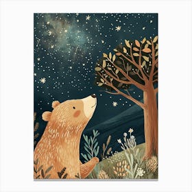 Sloth Bear Looking At A Starry Sky Storybook Illustration 3 Canvas Print