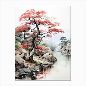 Rikugien Garden In Tokyo, Japanese Brush Painting, Ukiyo E, Minimal 1 Canvas Print