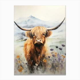 Watercolour Mountain Highland Cow 4 Canvas Print