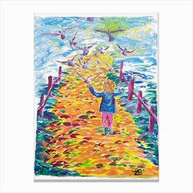 Colourful Child'S Journey Chasing Doves Canvas Print