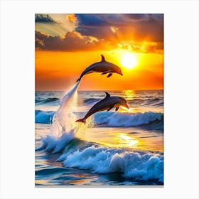 Dolphins Jumping At Sunset 1 Canvas Print