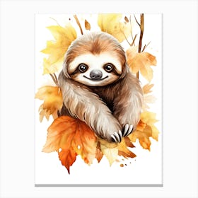 A Sloth Watercolour In Autumn Colours 1 Canvas Print
