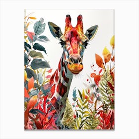 Giraffe Watercolour Portrait In The Leaves 3 Canvas Print