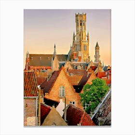 Sunset Over City And Belfry Of Bruges, Belgium Canvas Print