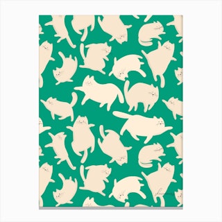 Cats Green Pattern Canvas Print