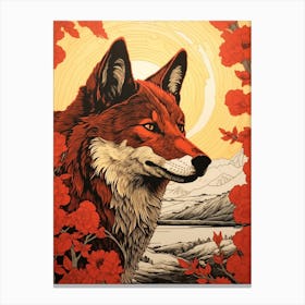 Red Wolf Vintage Woodblock 3 Canvas Print