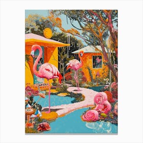 Retro Flamingoes In A Garden 8 Canvas Print