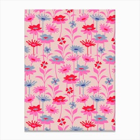 GARDEN MEADOW Floral Botanical Flowers Wildflowers in Fuchsia Hot Pink Red Lavender Blue on Pink Canvas Print