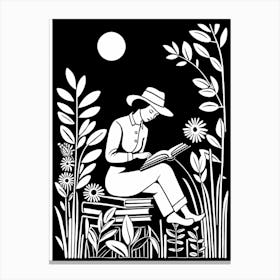 Lino cut Inspired black and white Reading In the Garden Art, Garden Girl Art, Gardening reading, 249 Canvas Print