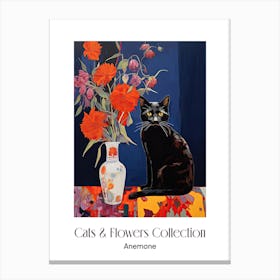 Cats & Flowers Collection Anemone Flower Vase And A Cat, A Painting In The Style Of Matisse 0 Canvas Print