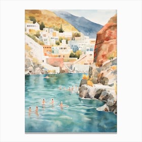 Swimming In Santorini Greece Watercolour Canvas Print