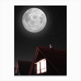 Cat On A Roof And Moon Canvas Print