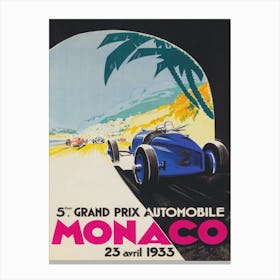 Grand Prix Automobile Monaco 1933 Vintage Poster  Canvas Print