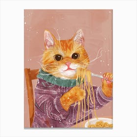 Brown White Cat Eating Pasta Folk Illustration 4 Canvas Print