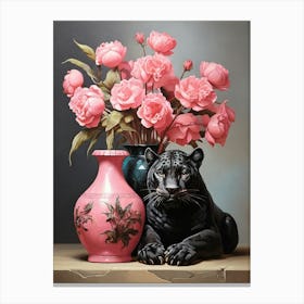 Black Panther And Pink Roses art print Canvas Print