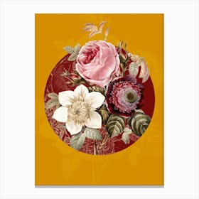 Vintage Botanical Anemone Clematde Rose on Circle Red on Yellow n.0073 Canvas Print