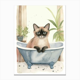 Siamese Cat In Bathtub Botanical Bathroom 1 Canvas Print