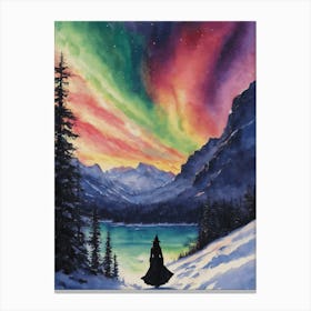 Down by the Lake - Under a Rainbow Sky, A Witch Watches the Light Dance of Aurora Borealis, The Northern Lights in Lapland, Snowing Winter Yule Scene - Pagan Wiccan Wheel of the Year by Lyra the Lavender Witch Canvas Print