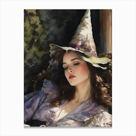 Sleeping Beauty - Bed Witch - Beautiful Woman Napping Wearing a Witches Hat in the Sunlight, Witchy Pagan Fairytale Watercolor Artwork by Lyra the Lavender Witch - Spoonie Tired Girl Wicca Magical Lilac Witchcraft in the Style of Romantic Gothic Period Drama HD Canvas Print