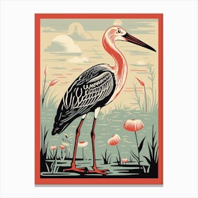 Vintage Bird Linocut Stork 2 Canvas Print