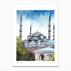 Blue Mosque, Istanbul 4 Watercolour Travel Poster Canvas Print