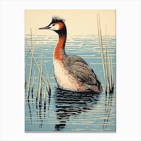 Vintage Bird Linocut Grebe 1 Canvas Print