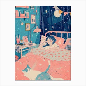 Girl Sleeping With Cats Tv Lo Fi Kawaii Illustration 4 Canvas Print