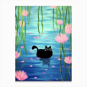 Black Cat In A Pond With Pink Flowers 2 Canvas Print