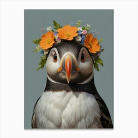 Puffin With Flower3 Crown Style Watercolor Canvas Print