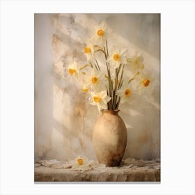 Daffodil, Autumn Fall Flowers Sitting In A White Vase, Farmhouse Style 4 Canvas Print