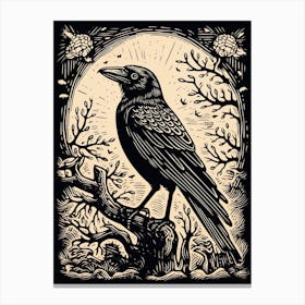 B&W Bird Linocut Crow 3 Canvas Print