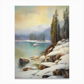 Ancient landscapes, old winter oil paintings and rocks around the lake bank. Snow is falling on the lake, old colors.3 2 Canvas Print