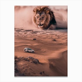 Giant Lion And 4x4 In The Desert Canvas Print