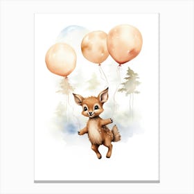 Baby Deer Flying With Ballons, Watercolour Nursery Art 3 Canvas Print