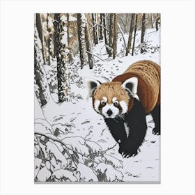 Red Panda Walking Through A Snow Covered Forest Ink Illustration 2 Canvas Print