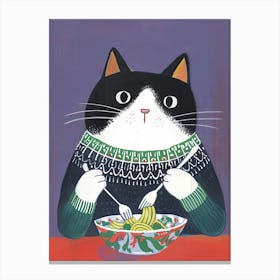 Black And White Cat Eating Pizza Folk Illustration 6 Canvas Print