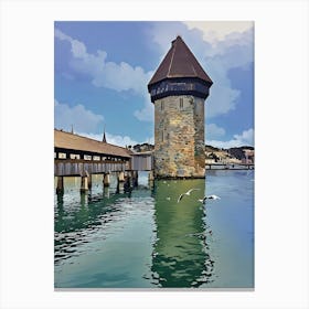 Chapel Bridge and Water Tower, Lucerne. An iconic view of Lucerne's Chapel Bridge and Water Tower, reflecting in the pristine Reuss River. The medieval structure, surrounded by calm waters and lively seagulls, showcases the city’s historical charm under a bright sky. Canvas Print