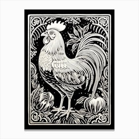 B&W Bird Linocut Rooster 1 Canvas Print