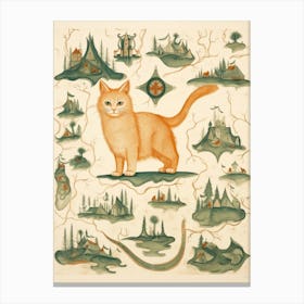 Cat On Medieval Map With A Compass Canvas Print