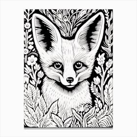 Fox In The Forest Linocut White Illustration 24 Canvas Print